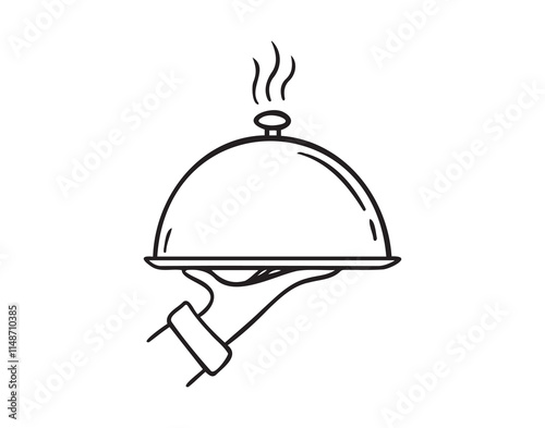 Waiter hand holding cloche serving plate doodle hand drawn icon. Outline drawing Waiter hand holding cloche serving plate line clipart symbol