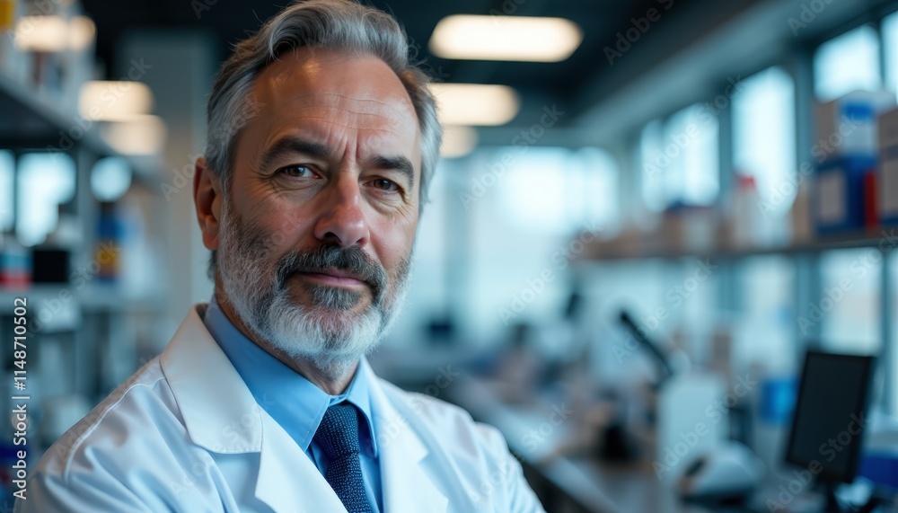 A man in a lab coat and tie standing in a laboratory A man in a lab coat and tie standing in a laboratory