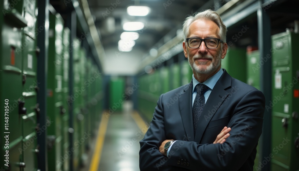 A man in a suit and tie standing in a server room A man in a suit and tie standing in a server room