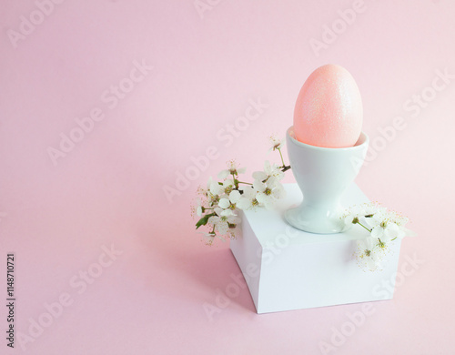 Pink easter egg in the white egg cup on white cube on the pink  background. Close-up. Copy space. photo