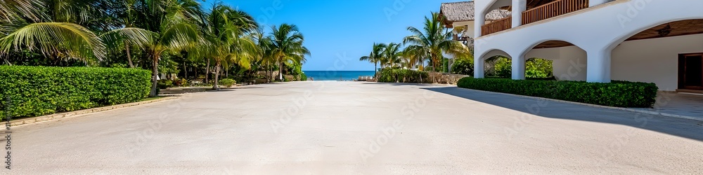 Tranquil Beachfront View with Palm Trees and Clear Blue Sky Tranquil Beachfront View with Palm Trees and Clear Blue Sky