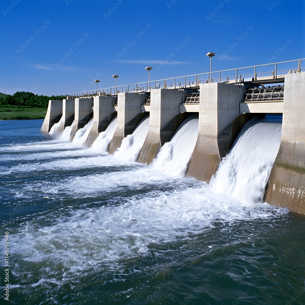Water Flowing Through Modern Hydroelectric Dam Structure Water Flowing Through Modern Hydroelectric Dam Structure