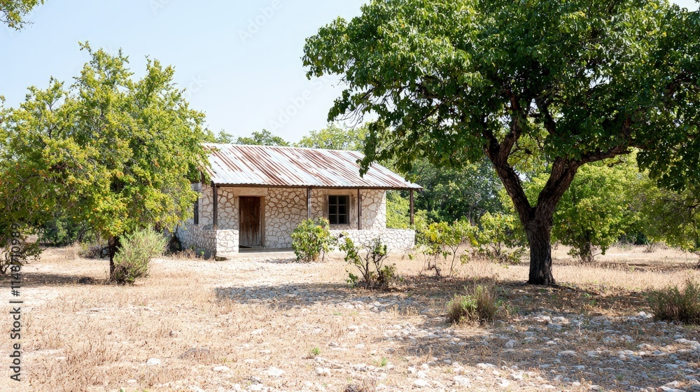 Rustic stone house in a dry, sunny landscape with trees. Rustic stone house in a dry, sunny landscape with trees.