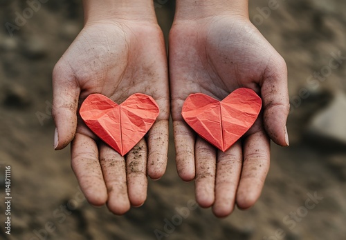 Two Red Origami Hearts in Dirty Hands, Love Symbol photo