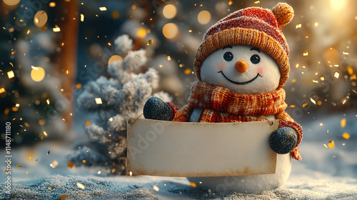 Cheerful snowman holding a blank sign in a winter wonderland surrounded by sparkling lights and snowflakes photo