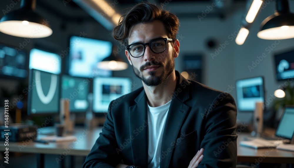 A man in a suit and glasses standing in front of a desk with his arms crossed