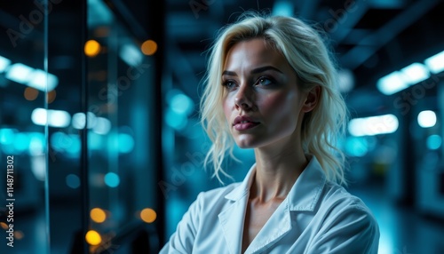 A woman in a lab coat looking out a window