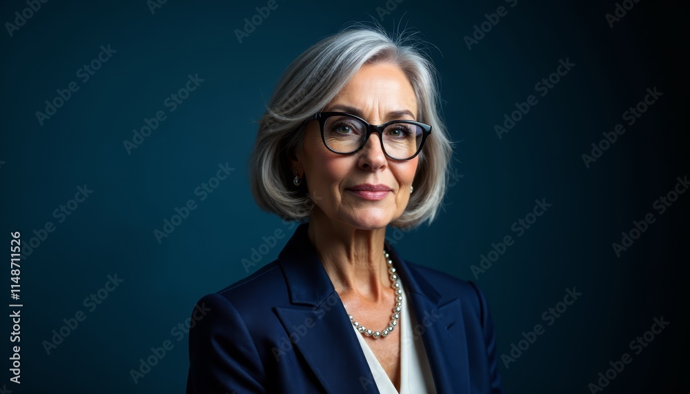 A woman wearing glasses and a blue blazer A woman wearing glasses and a blue blazer