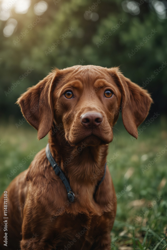 Summer dog portrait, on green grass background Summer dog portrait, on green grass background