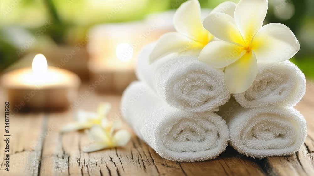Soft white towels arranged with flowers and candles create a serene spa ambiance. Soft white towels arranged with flowers and candles create a serene spa ambiance.