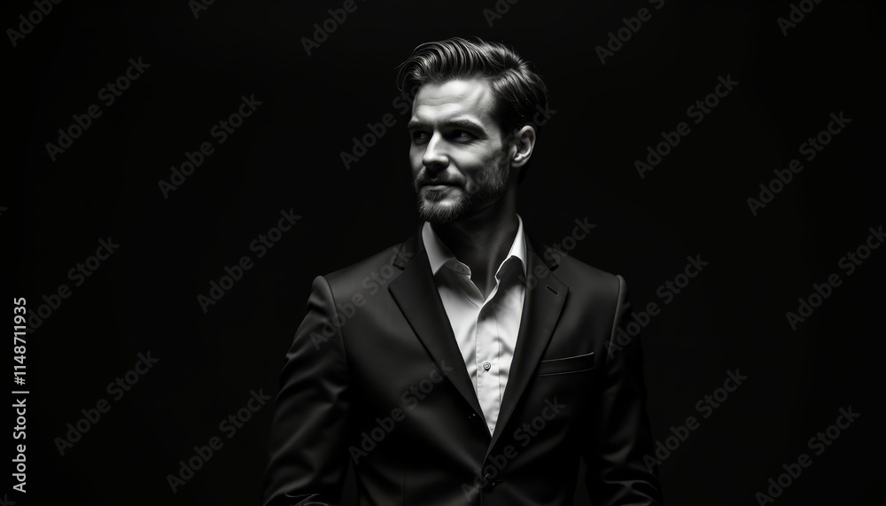 A man in a black suit standing in front of a black background A man in a black suit standing in front of a black background