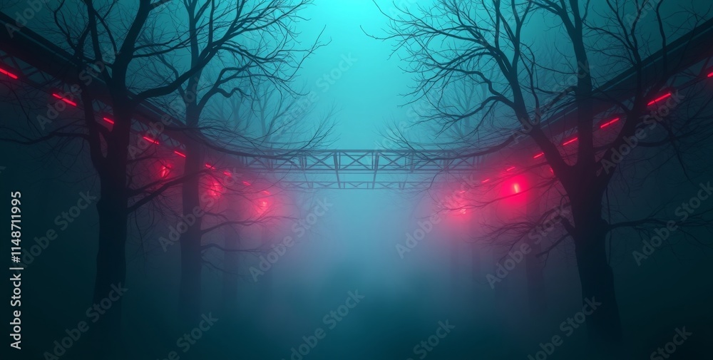 Fototapeta premium A bridge with red lights and trees in the background. Scene is eerie and mysterious