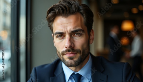 A man in a suit and tie looking out a window