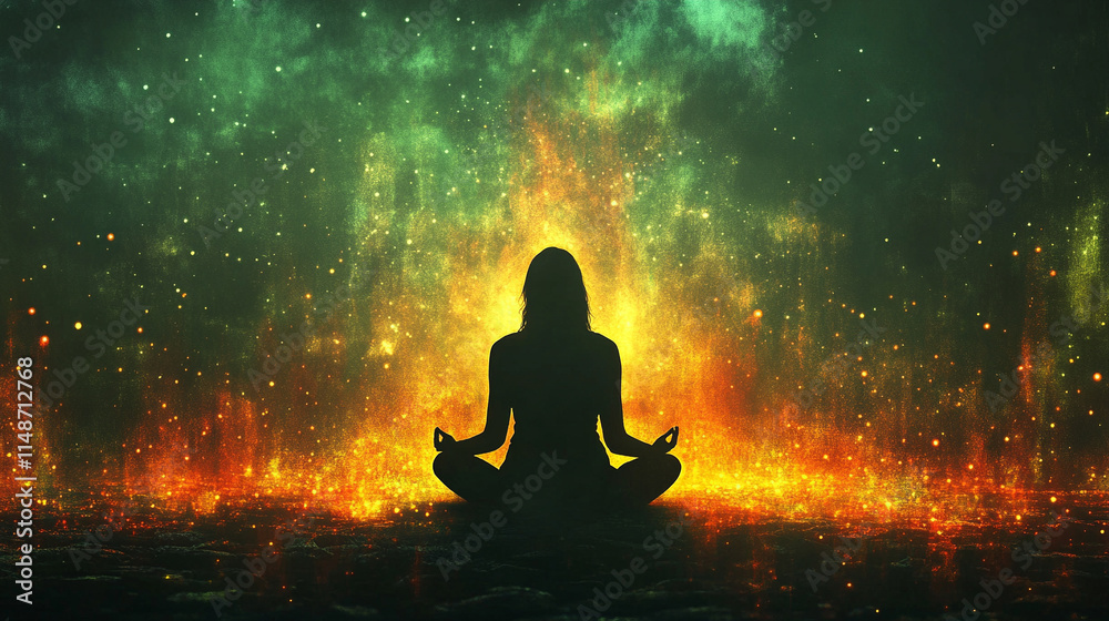 Serene woman meditating viewed from behind surrounded by vibrant abstract glowing lights representing positive energy harmony inner peace amidst chaos and balance in a mystical enchanting setting
Serene woman meditating viewed from behind surrounded by vibrant abstract glowing lights representing positive energy harmony inner peace amidst chaos and balance in a mystical enchanting setting