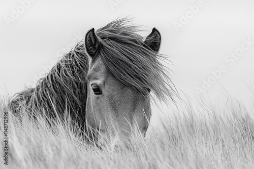 A wild pony on Assateague Island has a long mane and forelock covering its eyes photo