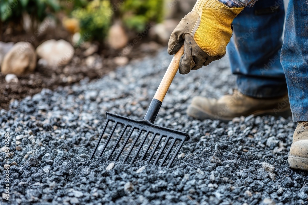 A worker in a plaid shirt and leather gloves levels gravel for a driveway using a rake with a wooden handle A worker in a plaid shirt and leather gloves levels gravel for a driveway using a rake with a wooden handle
