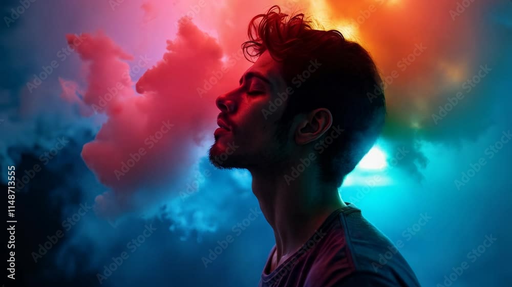 Man in a vibrant cloud of colorful smoke symbolizing deep thought and creativity Man in a vibrant cloud of colorful smoke symbolizing deep thought and creativity