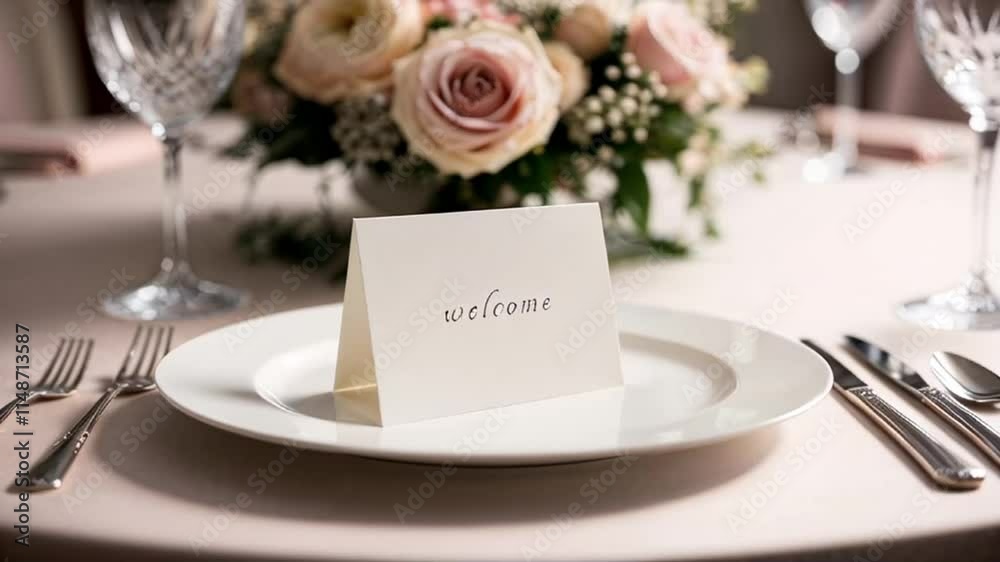 Beautiful inscription welcome, on the table, empty plate, bouquet of flowers
Beautiful inscription welcome, on the table, empty plate, bouquet of flowers