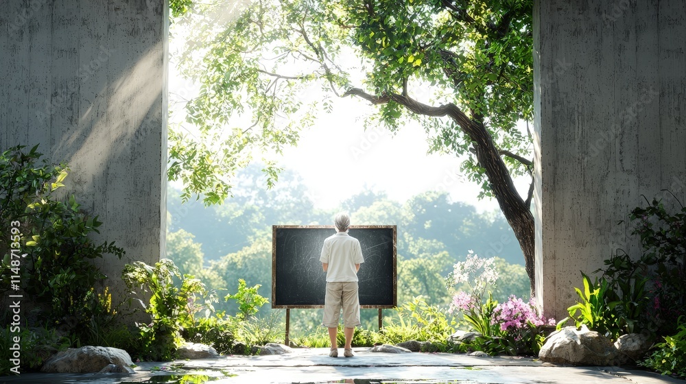 Fototapeta premium Man facing blank chalkboard in serene garden setting.