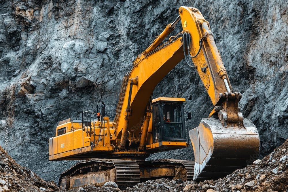 A yellow excavator transporting earth in a quarry Heavy machinery rental A yellow excavator transporting earth in a quarry Heavy machinery rental