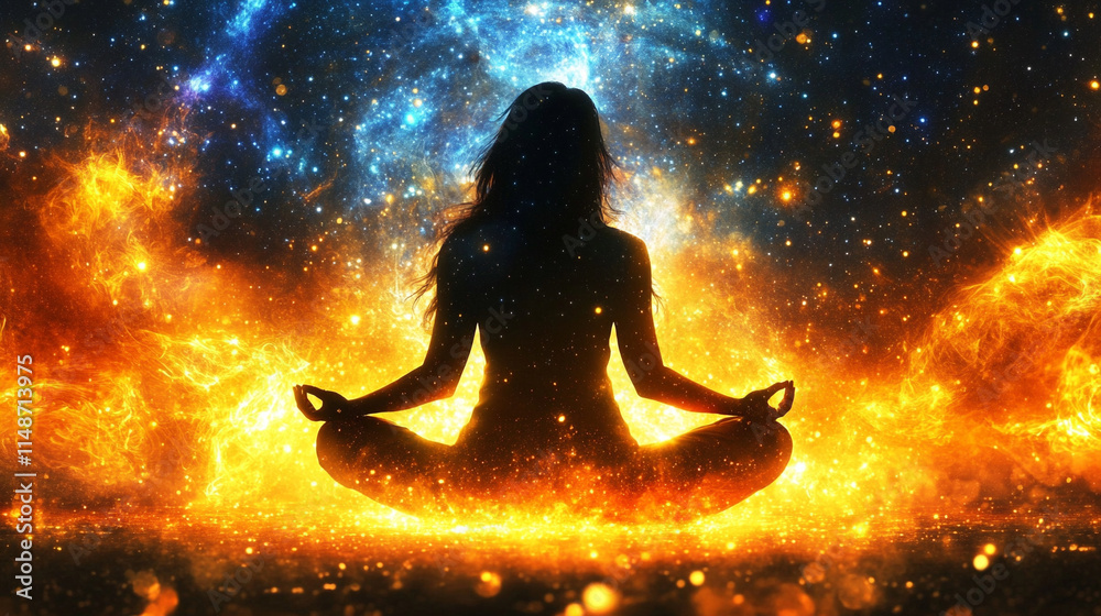 Serene woman meditating viewed from behind surrounded by vibrant abstract glowing lights representing positive energy harmony inner peace amidst chaos and balance in a mystical enchanting setting
Serene woman meditating viewed from behind surrounded by vibrant abstract glowing lights representing positive energy harmony inner peace amidst chaos and balance in a mystical enchanting setting