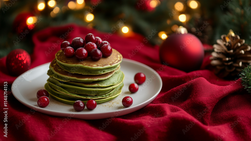 Festive Christmas Matcha Pancakes Topped with Cranberries on a Holiday Table Festive Christmas Matcha Pancakes Topped with Cranberries on a Holiday Table