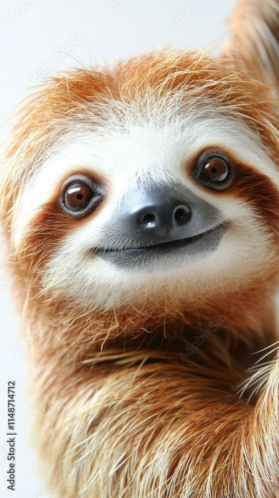 Naklejka premium Cozy Creature. Cute brown sloth closeup smiling wildlife animal portra