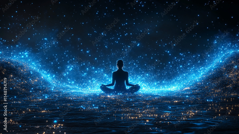Serene woman meditating viewed from behind surrounded by vibrant abstract glowing lights representing positive energy harmony inner peace amidst chaos and balance in a mystical enchanting setting

