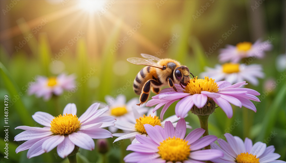 A honeybee is busy gathering nectar from vibrant purple daisies under the sun A honeybee is busy gathering nectar from vibrant purple daisies under the sun