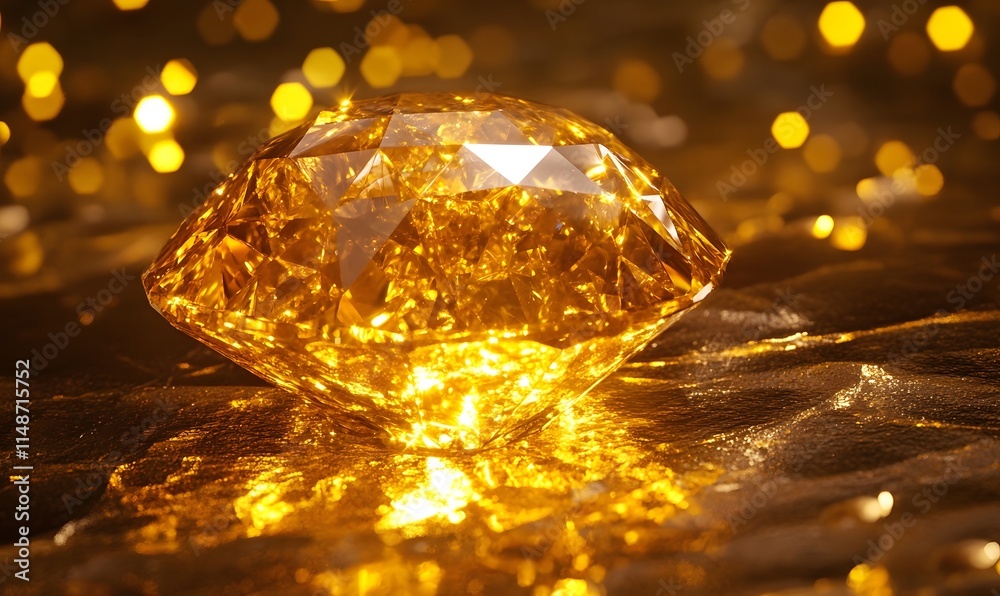 Golden faceted gem on metallic surface with bokeh. Golden faceted gem on metallic surface with bokeh.