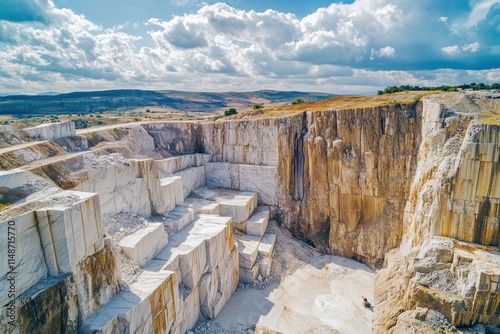 Aerial drone view of a marble quarry and cut blocks against a cloudy blue sky in Karamanli Burdur Turkey photo