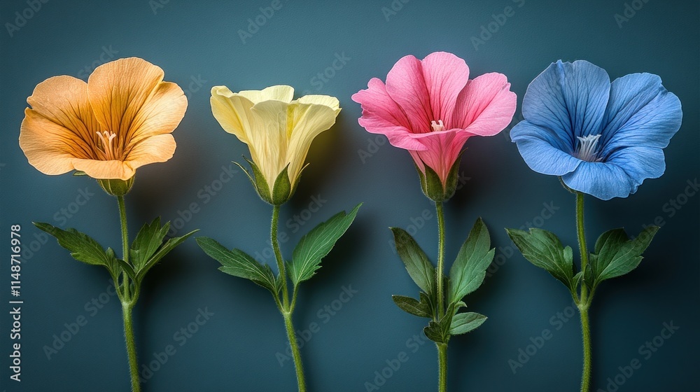 Four colorful flowers on a dark background. Four colorful flowers on a dark background.