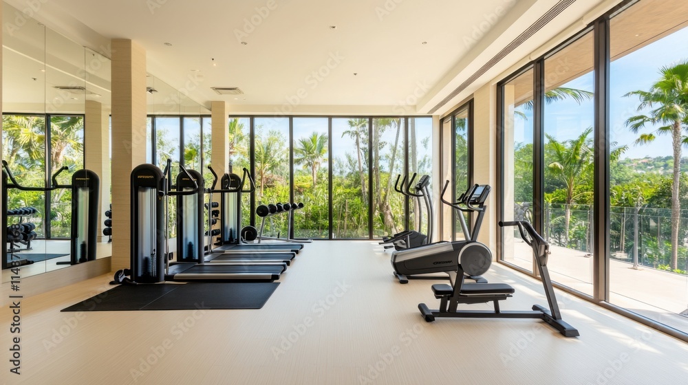 Obraz premium Modern minimalist home gym with clean, stylish design. Featuring neutral tones and sleek fitness equipment