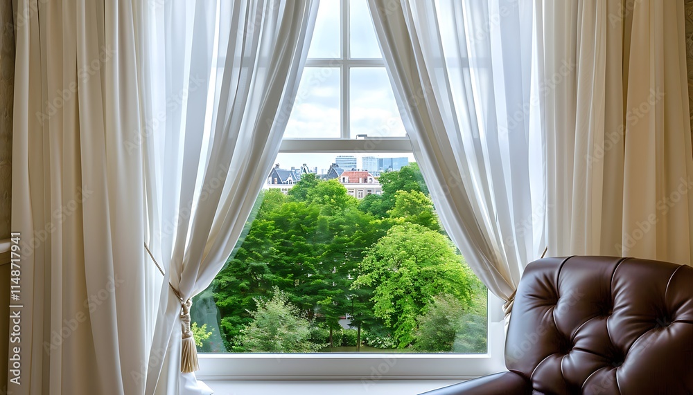 Fototapeta premium White curtains on window, brown leather chair, green trees outside, Dutch cityscape, beige walls.