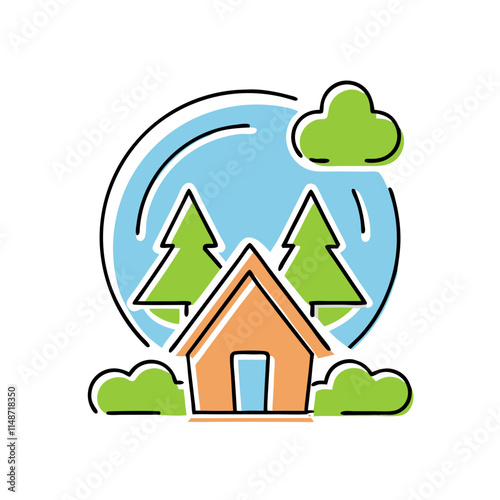 Ecological tourism icon depicting a forest ranger hut surrounded by trees and clouds