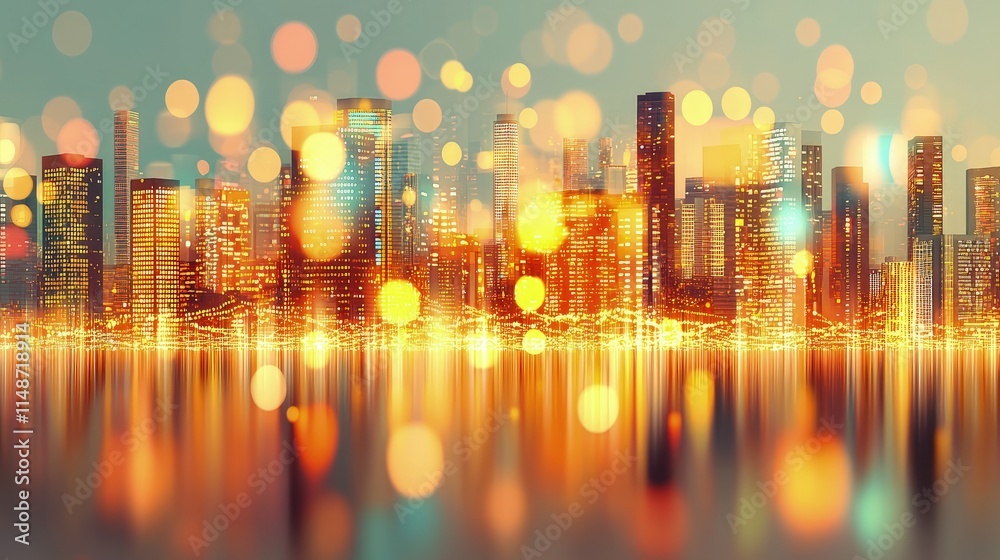 Fototapeta premium Night cityscape with blurred lights reflecting on water.