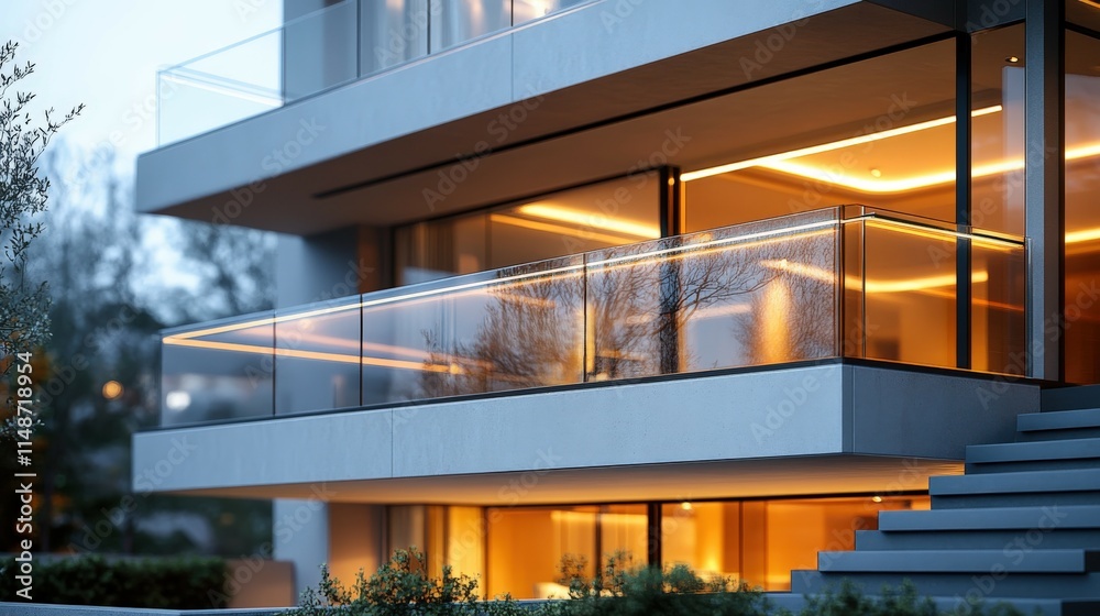 Fototapeta premium Macro view of glass railing on modern staircase in Mocha Mousse at evening