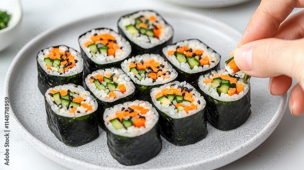 Seaweed is a nutritious superfood. Sushi rolls arranged on a plate with a hand reaching for one. Seaweed is a nutritious superfood. Sushi rolls arranged on a plate with a hand reaching for one.