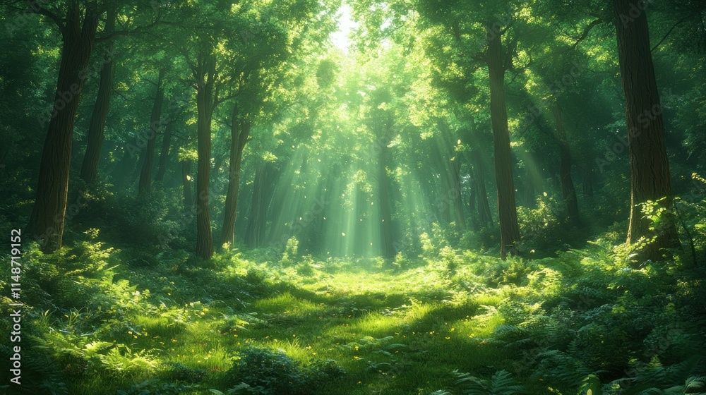 Fototapeta premium Sunbeams in a lush green forest.