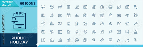 Public Holiday icon pack. It contains symbols to decoration, water, celebration, star, man and more. Symbol. Editable stroke.