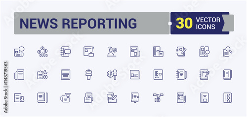 News Reporting icons. It contains symbols to journalism, newspaper, television, mass, telecom, radio, communication, video. Simple line vector. Editable vector icon and illustration.