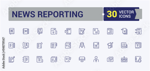 News Reporting icons. It contains symbols to journalism, newspaper, television, mass, telecom, radio, communication, video. Simple line vector. Editable vector icon and illustration.