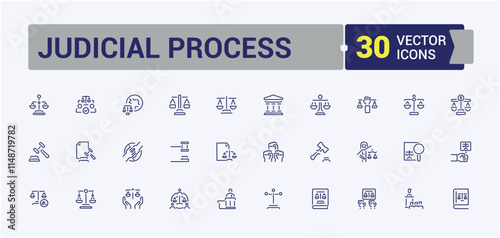 Judicial Process icon. Contains related to crime, tribunal, arrest, judgment, authority, briefcase and more. Minimalistic icons. Editable stroke.