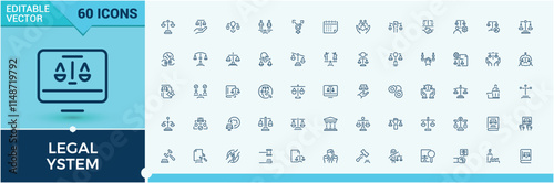 Legal System line icon. Icon crime, gavel, jail, guilty, judgment, defense, Justice, case. Pixel perfect. Editable stroke. Vector illustration.