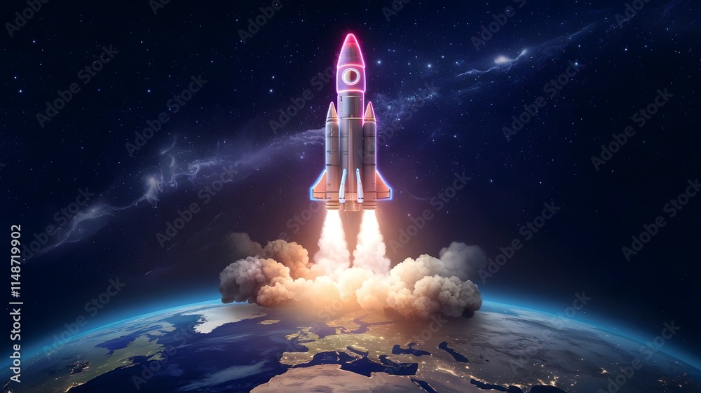 Fototapeta premium Neon Odyssey A Futuristic Rocket Launch into the Stars