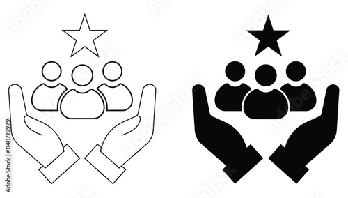 get reward.Line sign human hand shining star symbol.Vector isolated on white background