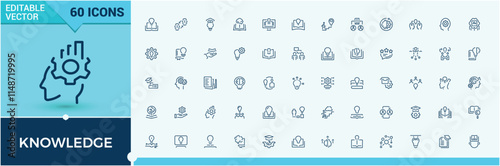 Knowledge icon set. Featuring achievement, brain, book, study, growth and more. Thin linear style icons. Editable stroke. Vector illustration.