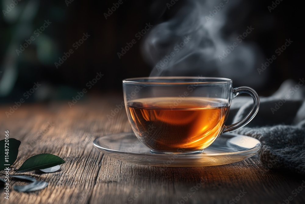 Arrangement featuring a glass cup of steaming tea on a wooden table Arrangement featuring a glass cup of steaming tea on a wooden table