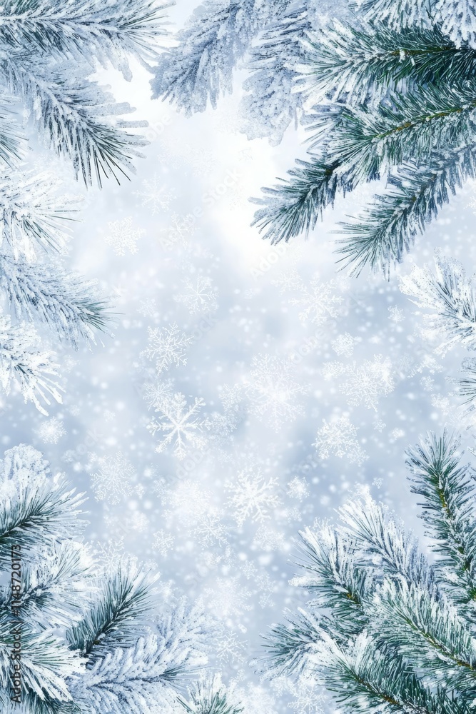 Imagine a stunning, magical winter background adorned with intricate snowflakes and vibrant green tree branches, making it the perfect canvas for holiday promotions and festive design ideas