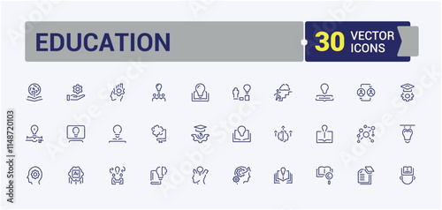 Education icons set. Contains such icons as university, development, science, process, goal, grow, on and more. Thin outline icons pack. Editable vector stroke.